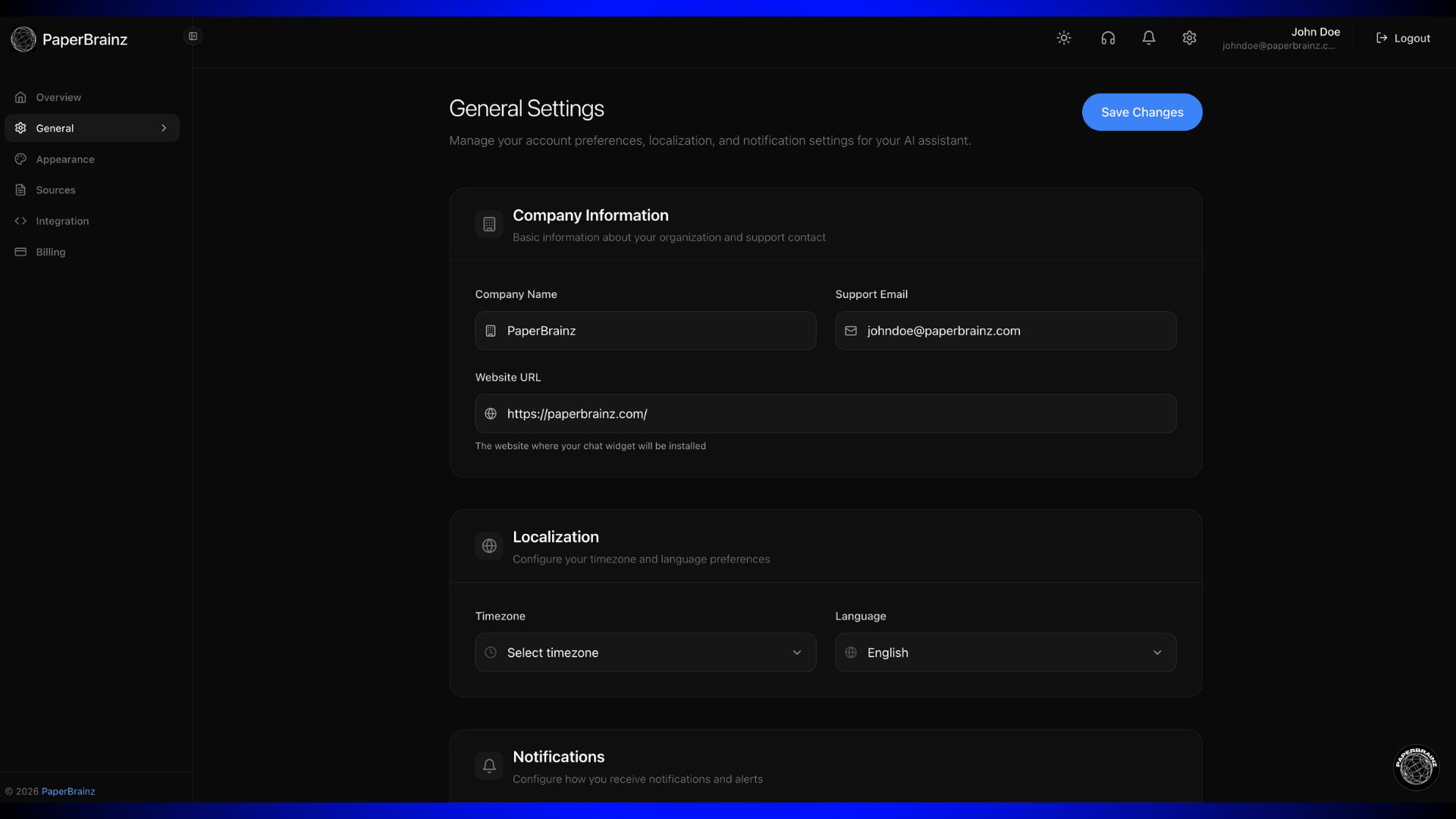 PaperBrainz general settings page with company information, localization, and notifications