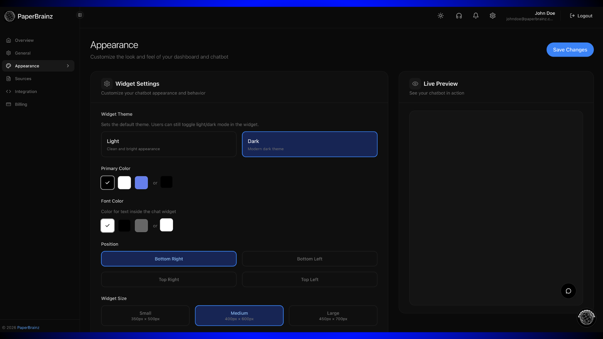 PaperBrainz chatbot appearance customization with theme, colors, position, and live preview