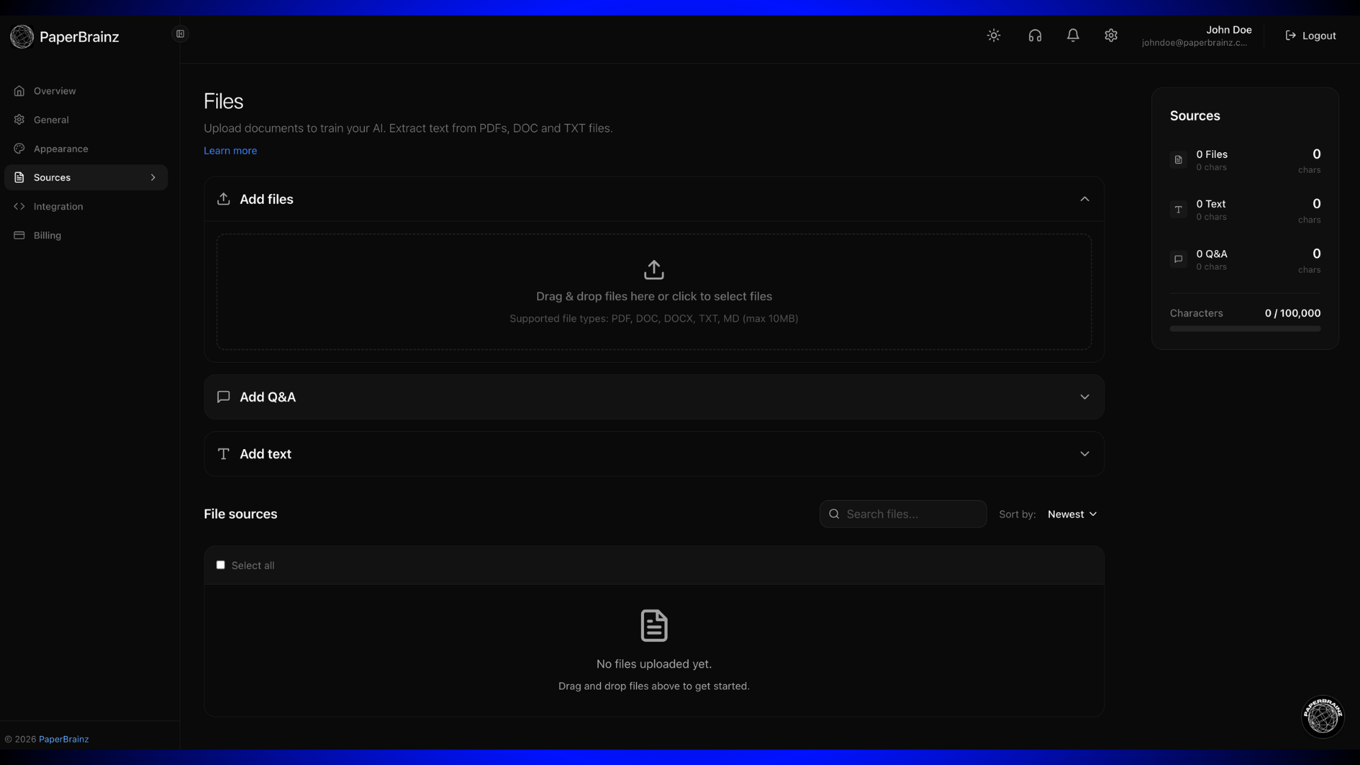 PaperBrainz sources page for uploading files, adding Q&As, and managing knowledge base
