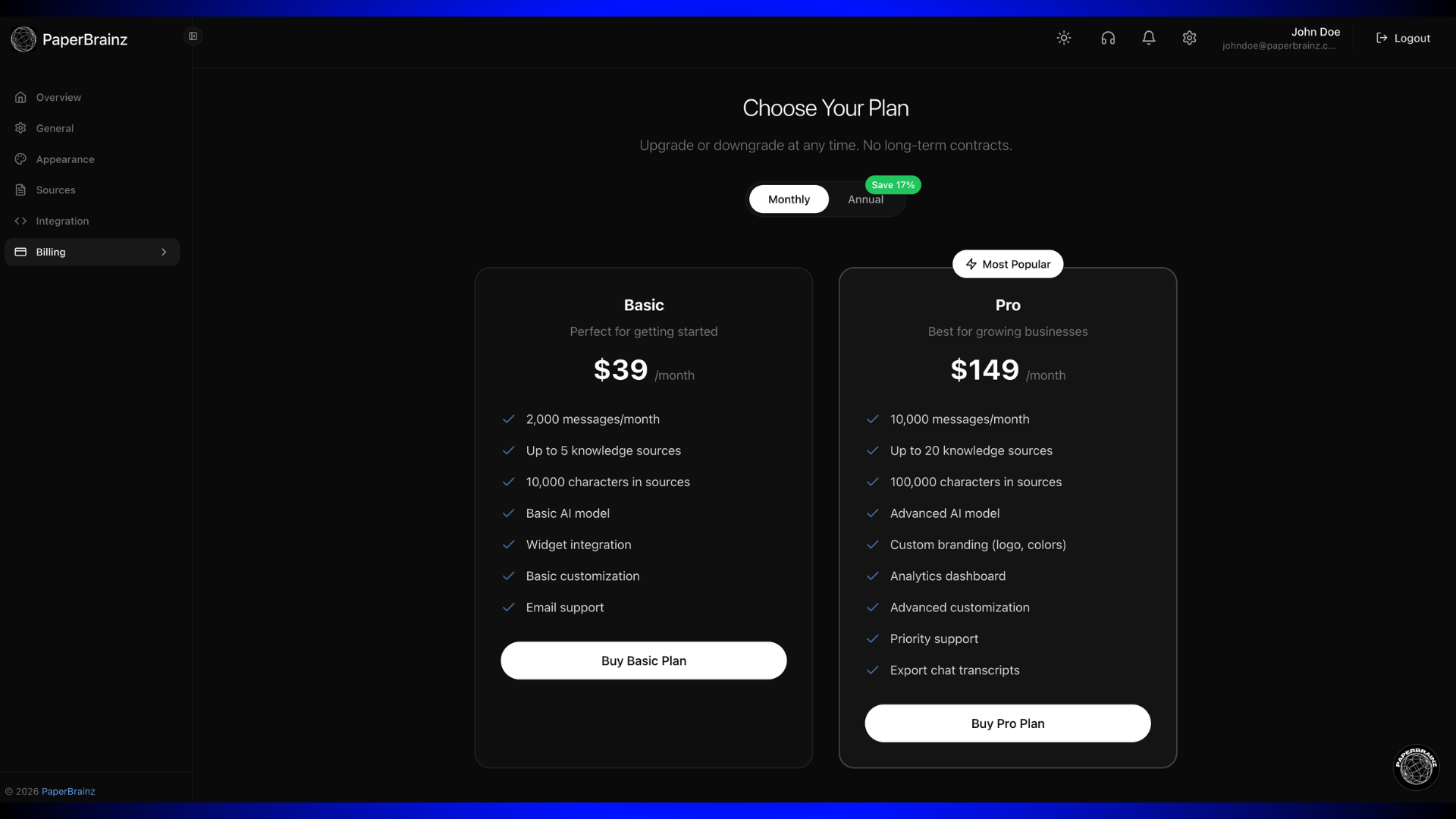 PaperBrainz billing page showing Basic and Pro plan options with pricing and features