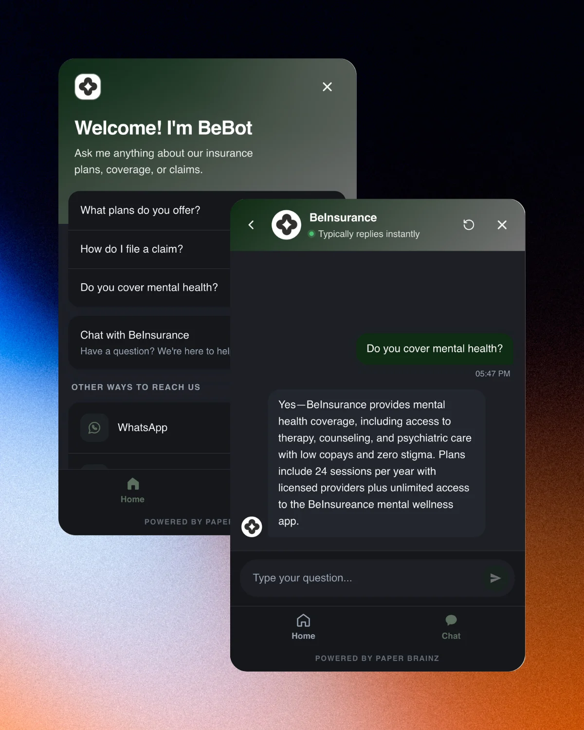 PaperBrainz chat widget answering customer questions