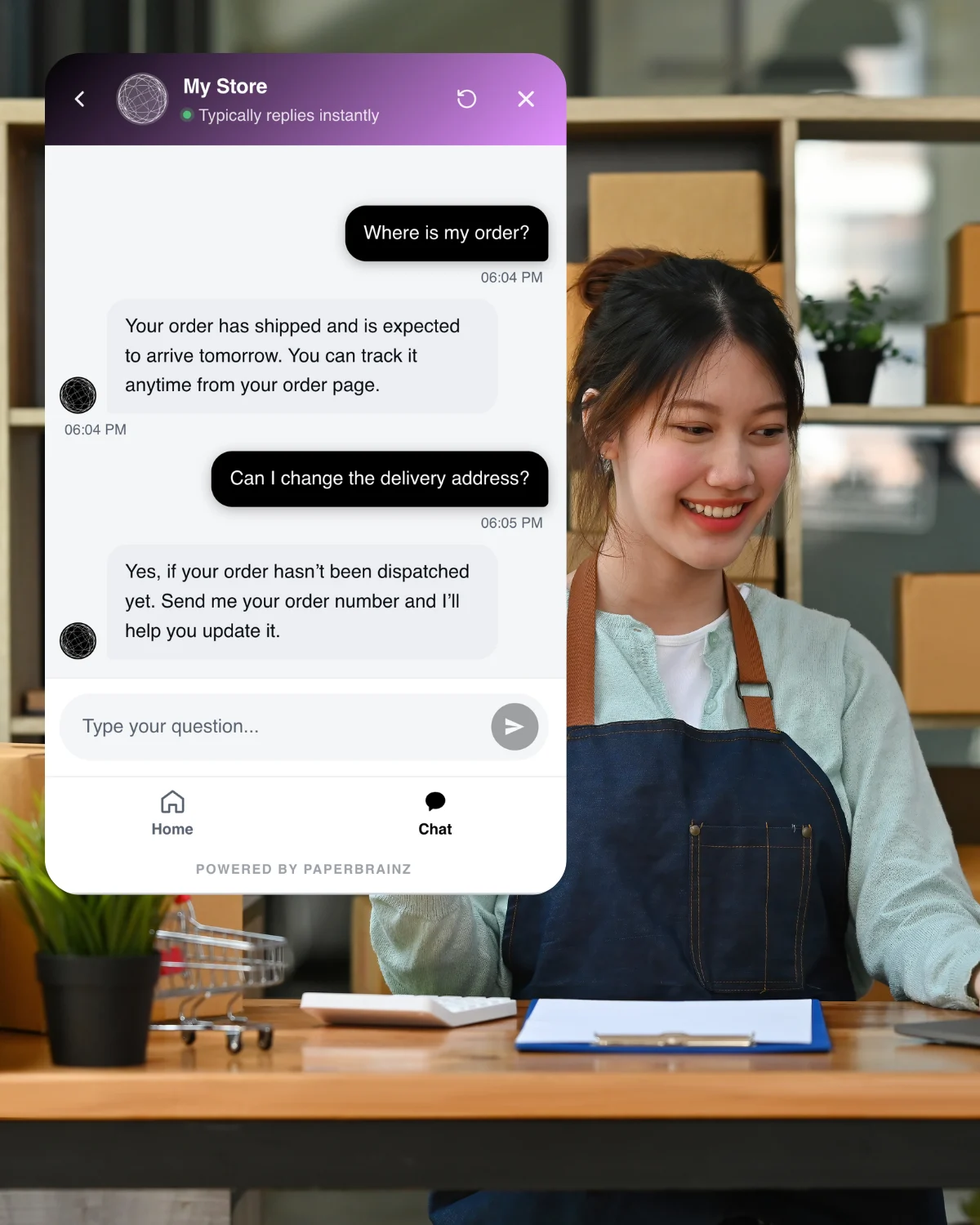 The PaperBrainz widget answering a customer question about an order on a small business website